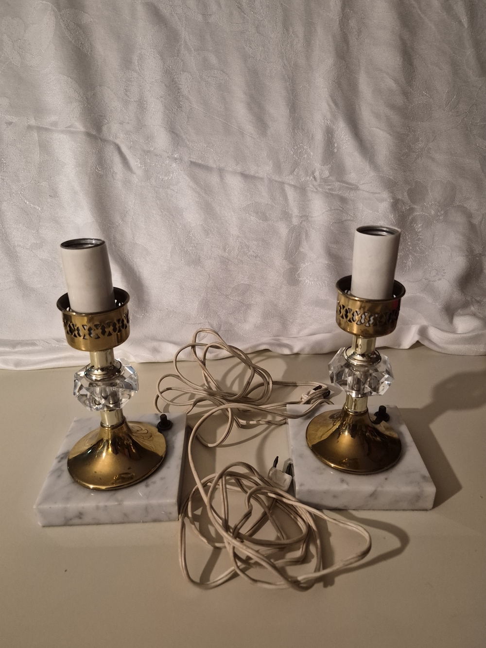 Vintage Pair of Brass Table Lamps with Crystal Accent on Marble Base